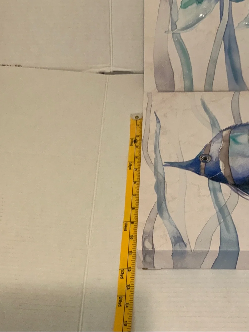 Blue Textured Watercolor Fish Canvas Pair 12”x12”. Shiny texture accents.